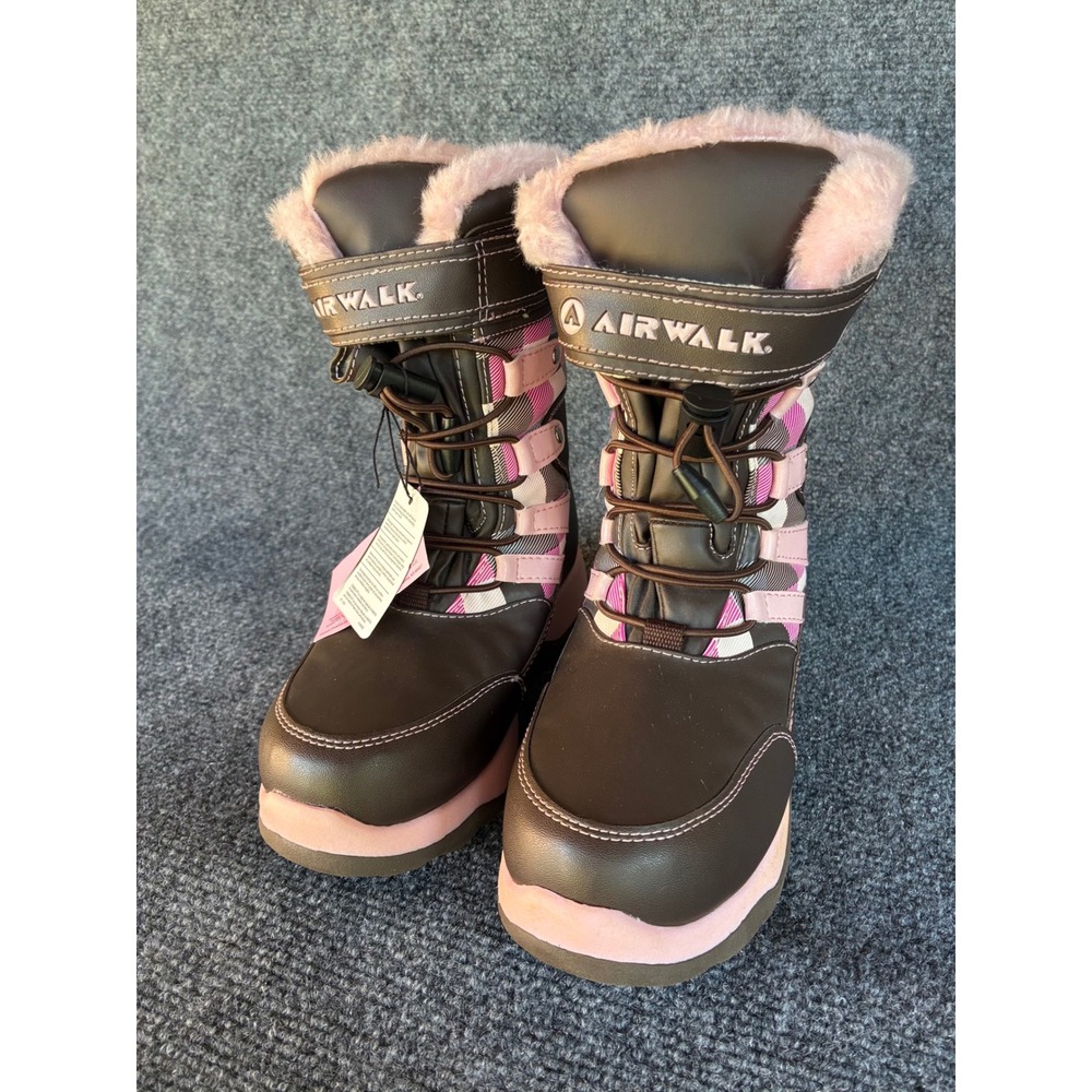 Airwalk Snow Boots Girls Size 1 Pink Brown Plaid Insulated Winter Boots